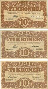 10 kr 1930, V. Lange  Svendsen, 10 kr 1933 D, V. Lange  Neergaard, 10 kr 1935 G, Svendsen  Sander, Sieg 104, i alt 3 stk.