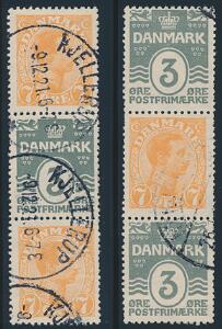1919. Bølgelinie og Chr.X, 373 øre og 737 øre, orange og  PERLEGRÅ. 2 sjældne stemplede 3-striber. AFA 6900
