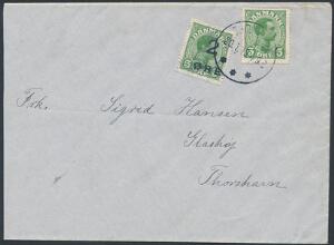 1919. Provisorium, 25 øre, grøn og Chr.X, 5 øre, grøn på pænt brev fra THORSHAVN 20.1.19
