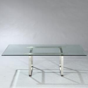 Hans J. Wegner Sofabord med stel af børstet stål, uoriginal top af klart glas. Model 800-serien. Udført hos snedkermester Johannes Hansen.