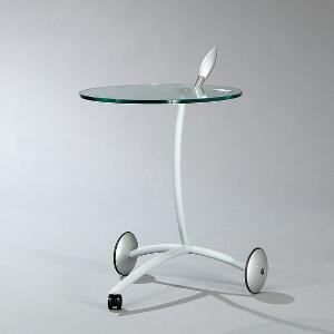 Italiensk design Serveringsbord på hjul med stel af mat grålakeret stål, top af klart glas.