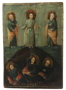 To russiske ikoner, Jesus med apostle. 22 x 31,5. samt tre helgener. 22 x27,5. Begge tempera på træ. Ca. 1900. 2