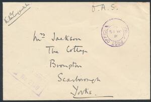 1941. Feltpostbrev til England med violet FPO 219. Attest Wowern. DAKA 1500