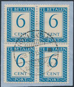 Surinam. Porto. 1953. 6 cent, blå. Stemplet 4-BLOK på lille klip. Kun 752 mærker blev brugt af dette mærke ifølge hollandsk special-katalog kopi af side fra ka