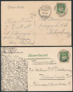 1906-1907. Posthorn. 5 øre, grøn. 2 bedre postkort, ene stemplet FELTPOSTKONTOR og det andet BUREAU DE MER DE NORVEGE KRISTISNSAND - FREDERIKSHAVN