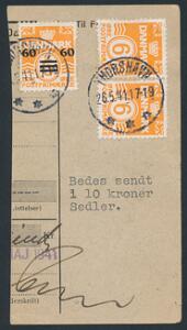 1941. Tallon med 606 øre, orange og 2 stk. 6 øre, orange, BRUGT SOM 5 ØRE. Stemplet THORSHAVN 26.5.41. Attest Lundegaard.