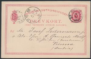 1885. Enkelt Brevkort, 3 cents, rød. Sendt fra ST. THOMAS 26.9.1885 til Østrig via Saint-Lazaire med FRANSK PAKET LINE