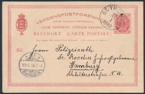 1898. Enkelt Brevkort, 3 cents, rød. Sendt fra ST. THOMAS 17.1.1898 til Hamburg med dampskibet  SS CHERUSKIA