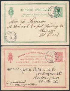 1904. Enkelt Brevkort, Våben, 2 cents, rød. Sendt fra ST. THOMAS 29.7.1904 til Boston samt Chr.IX, 5 bit, grøn til Bassin