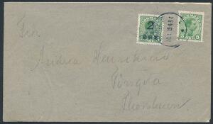 1919. Provisorium, 25 øre, grøn og Chr.X, 5 øre, grøn på brev fra THORSHAVN 20.1.19