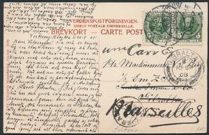 1907. Fr. VIII, 5 øre, grøn. Parstykke på brevkort fra Vestervig til maskinmester ombord på SS Svitzer i Gibraltar, omadr. til Marseilles
