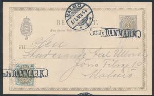 1895. 3 øre, gråblå, tk.12, omv. Rm. på 3 øres brevkort annullert med skibsstempel FRÅN DANMARK
