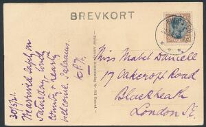 1918. Chr. X, 25 øre, brunsort. Single på brevkort fra Rungsted 30.5.1921 til London. Pragtkvalitet