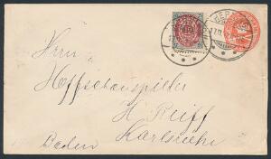 1875. 12 øre, grårød. Opfrankering på 8 øre helsagskuvert fra Herning til Baden