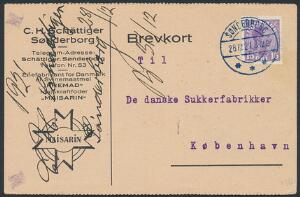 SØNDERBORG 28.12.21. Brotypestempel i BLÅ FARVE på brevkort forsøgsstempel