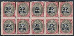 1912. 3520 øre, gråkarmin. Ubrugt 10-BLOK med PERLEFEJL i pos.83. 4 mærker er postfriske incl. Perlefejlen. AFA 4360