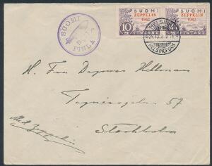 1930. Zeppelin, 10 mark. Parstykke på brev fra Helsinki 24.IX.30 til Stockholm