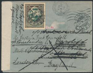 1916. Rusland brugt i Finland, 71 kop. på brev fra Åbo til Kaptajn på SS Constantia. Et mærke fjernet under formentlig af under censurering