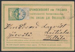 1875. Våben, 2 penni, brunlig-grå på 8 penni, helsagskort fra HEINOLA 31.1.1877. Meget smukt. Facit 5000