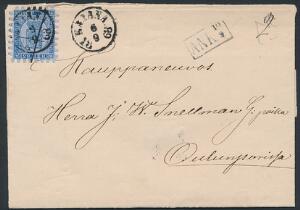 1866. 20 penni, blå. Single på brev med bystempel KAJANA 6.8.1868 og blækannullering