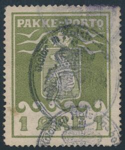 1905. 1 øre, olivengrøn. Annulleret med sort skjoldstempel Kolonien Holstensborg. AFA 6000. Attest Nielsen