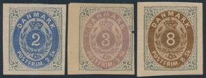 1870. 2 sk. gråblå, 3 sk. grålilla og 8 sk. gråbrun. 3 UTAKKEDE mærker. 2 og 3 sk. uden gummi 3 sk. med lille defekt i højre side. 8 sk. med originalgummi