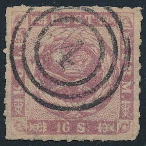 1863. 16 sk. rosalilla. Stukken kant. Farvefrisk og nydeligt stemplet eksemplar. 2 små rifter 1 mm forneden. AFA 7500. Udtalelse Nielsen.