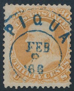 USA. 1861. George Washington. 30 c. orange. LUXUS-mærke, annulleret med helt retvendt stempel i BLÅ farve PIQUA FEB 8.66.
