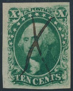 USA. 1851. George Washington. 10 c. grøn. Utakket. Pragt-mærke med brede rande, blækannulleret. Michel EURO 220