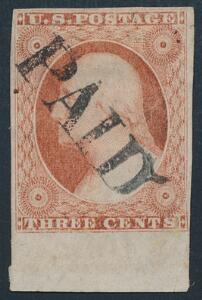 USA. 1851. George Washington. 3 c. karmin. Med NEDRE MARGINAL og perfekt stempel PAID. Pragtobjekt.