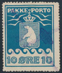 1905. 10 øre, blå. Pænt mærke, annulleret med violet liniestempel med krone Administrationen for Kolonierne i Grønland. AFA 4500. Attest Nielsen.