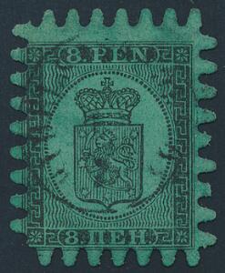 1866. 8 penni, sortgrøn. Perfekt fuldtakket eksemplar