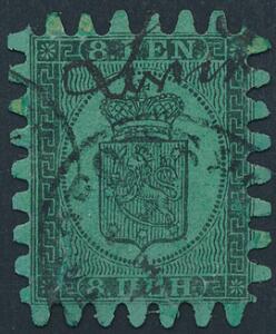 1866. 8 penni, sortgrøn. Perfekt fuldtakket eksemplar