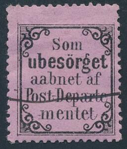 1878. Som Ubesörget, rødlilla. Blækannulleret. Knæk i NV-hjørne