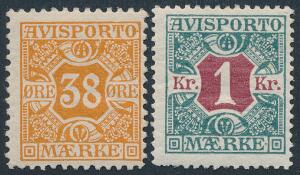 1907-1914. 38 øre, orange og 1 kr. blågrønrød. 2 ubrugte udgaver