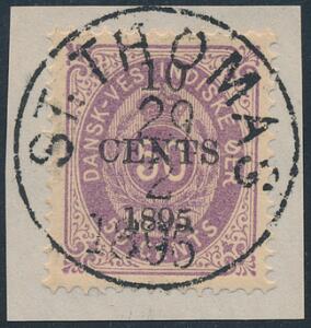 1895. 1050 cents, violet. Perfekt mærke på lille klip med helt retvendt LUXUS-stempel ST. THOMAS 29.2.1895.