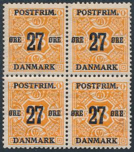 1918. 2738 øre, orange. Postfrisk fireblok med variant Stor afstand mellem R og E. AFA 2080