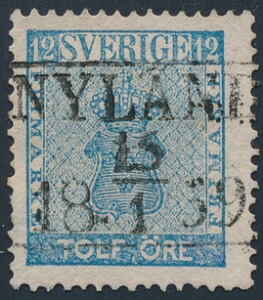 1858. Våben, 12 öre, blå. LUX-stempel NYLAND 15.1.1859