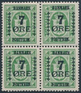 1926. 75 øre, grøn. Fireblok med variant Afskåret 7-tal forneden. Nedre par incl. varianten er postfrisk.