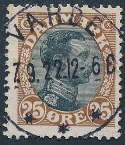 1918. Chr. X, 25 øre, brunsort. LUX-stempel VARDE 7.9.22