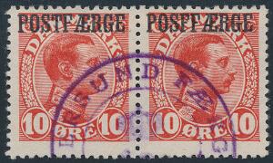 1919. Chr.X. 10 øre, rød. Parstykke med Variant POSFFÆRGE i højre mærke. Nydeligt stemplet med violet AGGERSUND-stempel. AFA 4200