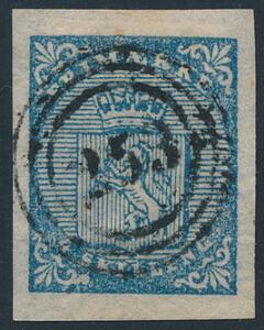 1855. 4 skilling, blå. CI, pos. 11. Smukt, bredrandet mærke med nr.stempe 253. En svag medfødt vandret fold.