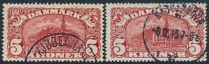 1912-1915. 5 kr. Posthus, brunrød. Vm.III og Vm.IV. Pænt stemplet sæt.