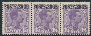 1919. Chr.X. 15 øre, violet. Ubrugt 3-STRIBE med Variant POSFFÆRGE i midterste mærke let hængslet, øvrige 2 mærker er begge postfriske. AFA 2520