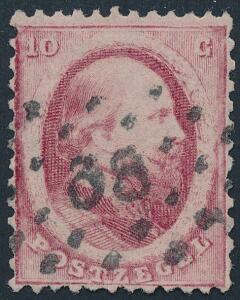 Holland. 1864. Wilhelm. 10 cent, karmin. Med NUMMER-STEMPEL. Sjældent på denne udgave.