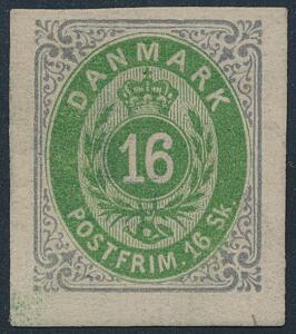 1870. 16 sk. grågrøn. UTAKKET. Postfrisk mærke. AFA 4000 for ubrugt.
