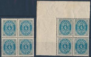 1895-1902. 4 øre, gråblå. Vm.II i ubrugt 4-BLOK med 2 postfriske mærker og Vm.III i postfrisk MARGINAL 4-BLOK. AFA 1440