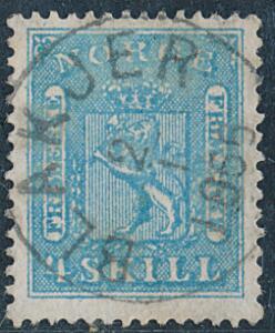 1863. 4 SKILL, lys grønblå. Type 8. Smukt stemplet BLAKJER 2.1.1865.