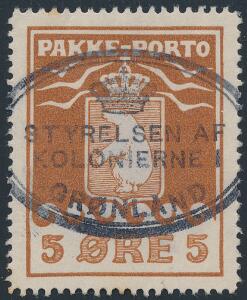 1915. 5 øre, brun. Karton papir. LUXUS-mærke med perfekt centrering og helt retvendt stempel STYRELSEN AF KOLONIERNE I GRØNLAND. AFA 3200