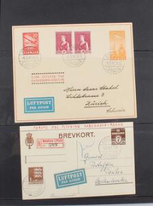 Det danske Luftfartselskab. 1936-1968. Album med bl.a. etiketter, privatmærke i 4-blok, ombytningsseddel, 9 forsendelser.